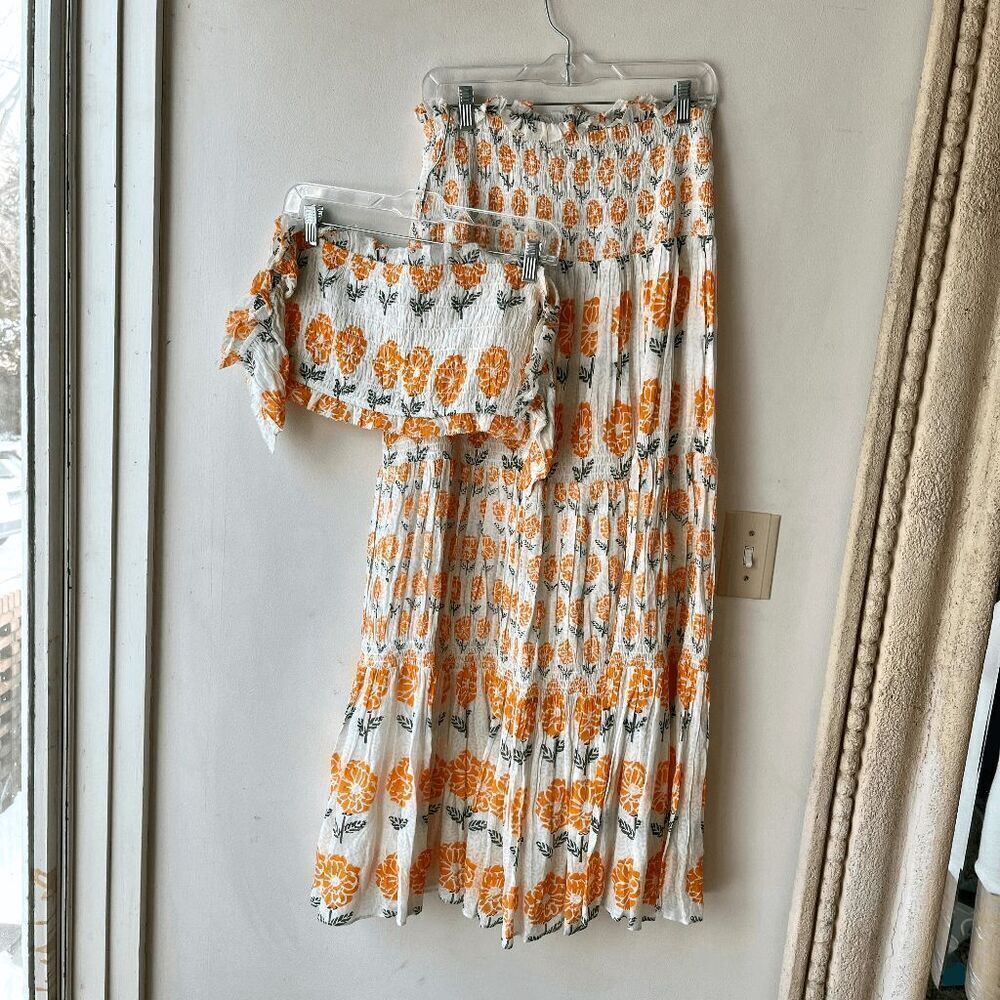Ash & Eden 2-Piece Floral Maxi Skirt Set Boho Smocked Crop Top L